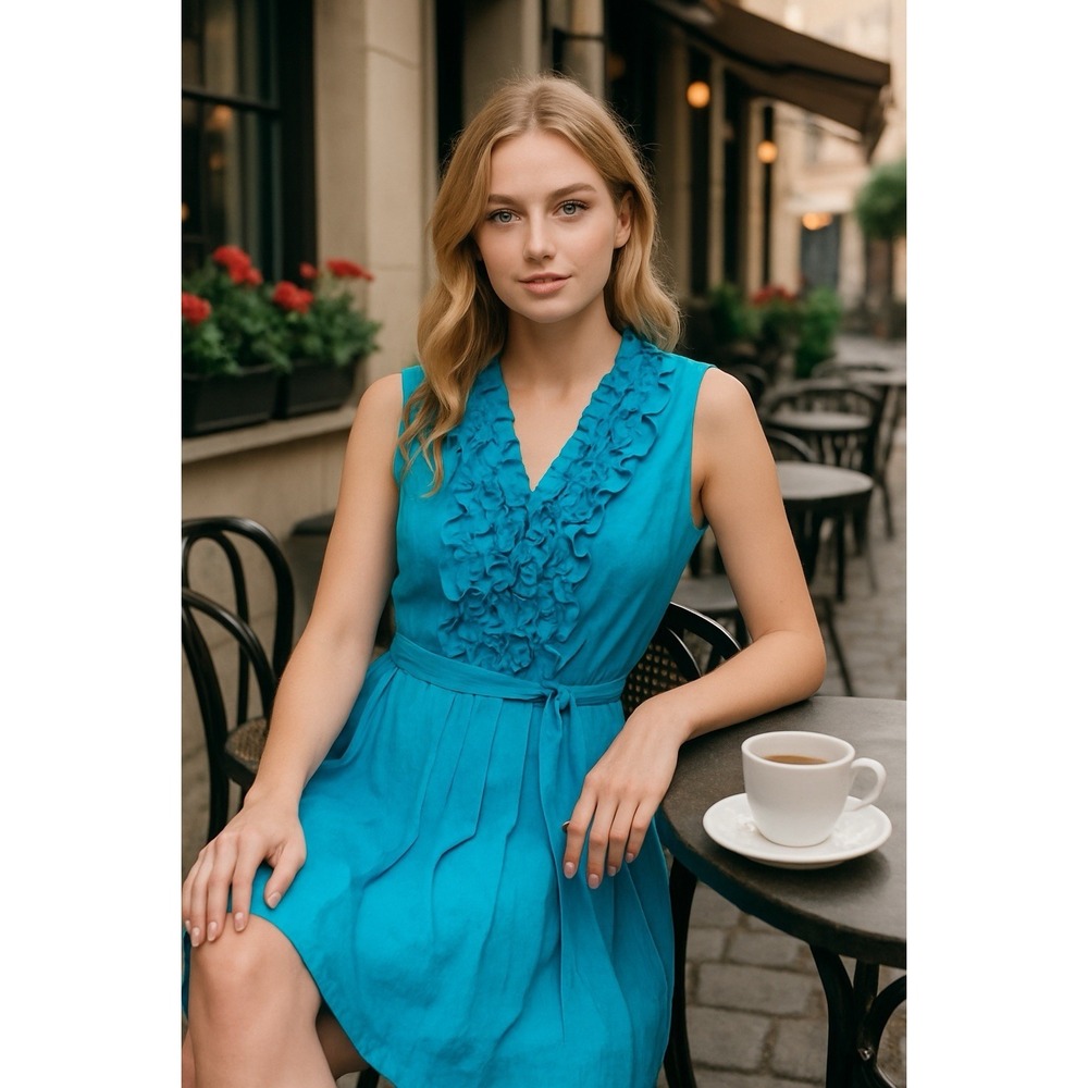 Jessica Howard Aqua Blue Sleeveless Dress Size 6 Ruffle V-Neck Tie Vintage 90s